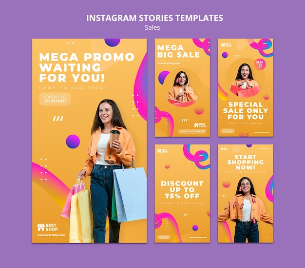 Diseño plano de plantilla de historias de instagram de venta