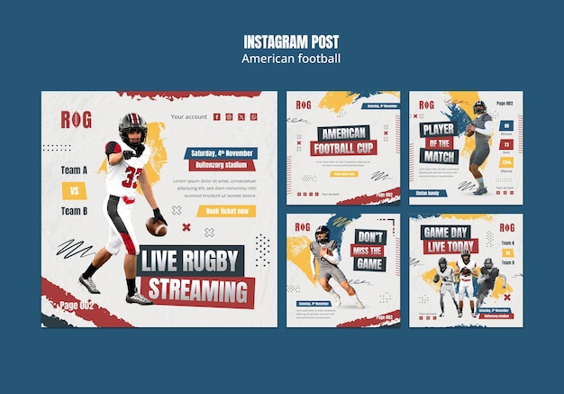 Diseño plano de posts de fútbol americano en instagram