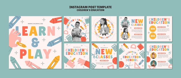 PSD gratuito diseño plano de las publicaciones de educación infantil en instagram