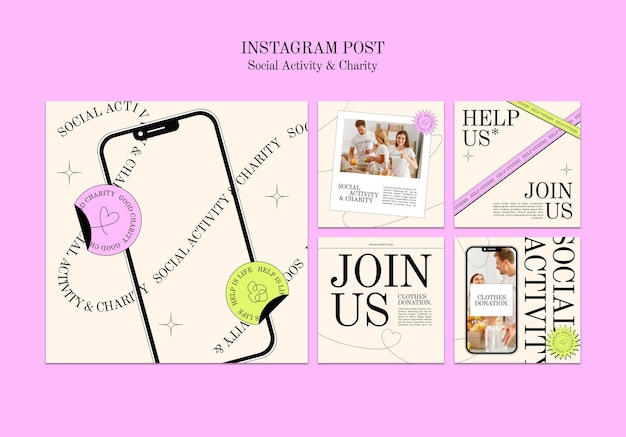 Diseño plano de publicaciones de instagram de actividad social y caridad.