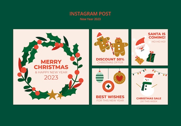 PSD gratuito diseño plano de publicaciones de instagram de navidad y año nuevo