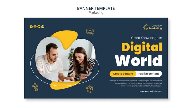 Diseño de plantilla de banner con mundo digital.