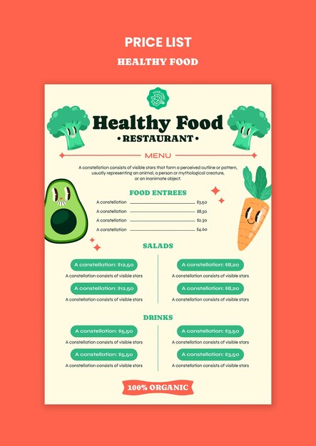 Diseño de la plantilla de la lista de precios de los alimentos