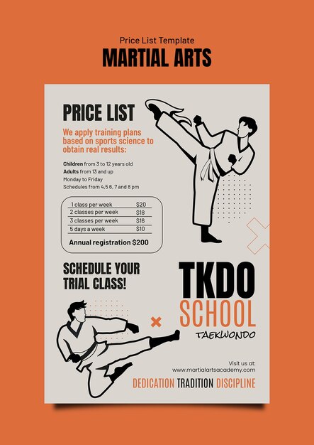 Diseño de la plantilla de la lista de precios de las artes marciales