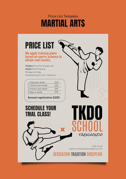 Diseño de la plantilla de la lista de precios de las artes marciales