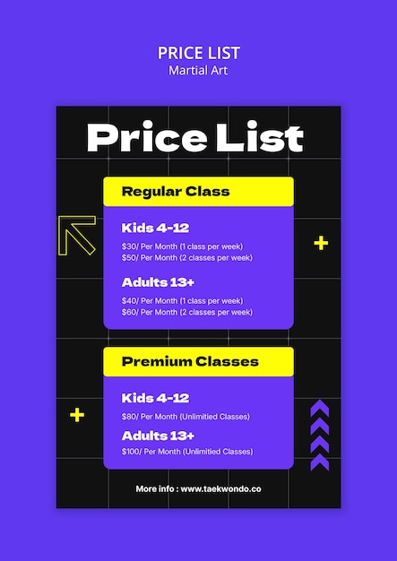 Diseño de la plantilla de la lista de precios de las artes marciales