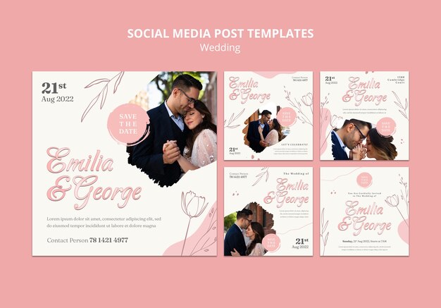 Diseño de plantilla de publicaciones de instagram de boda