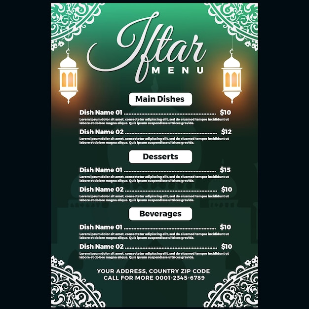 PSD gratuito diseño de plantillas de menú de iftar