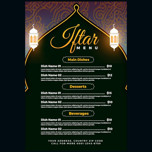 Diseño de plantillas de menú de Iftar