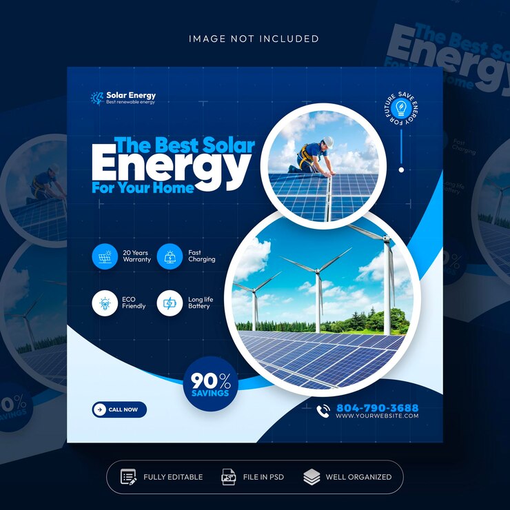 Diseño de plantillas de publicaciones en redes sociales de energía solar renovable y limpia