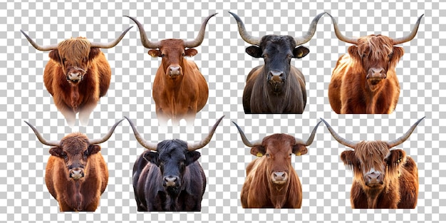 Diversas caras de ganado con cuernos distintivos
