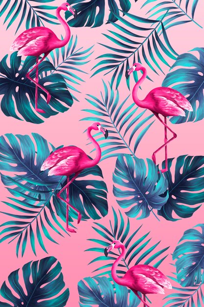 Divertido estampado tropical en estilo pintado a mano con flamenco rosado