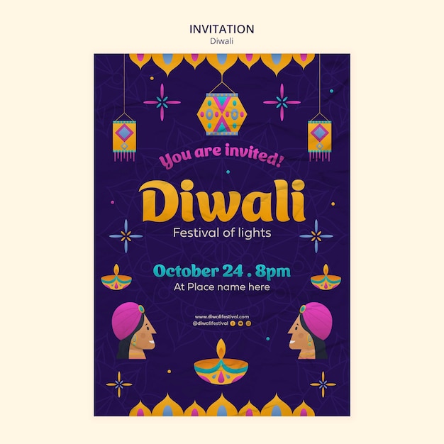 Diwali-uitnodigingssjabloon met plat ontwerp
