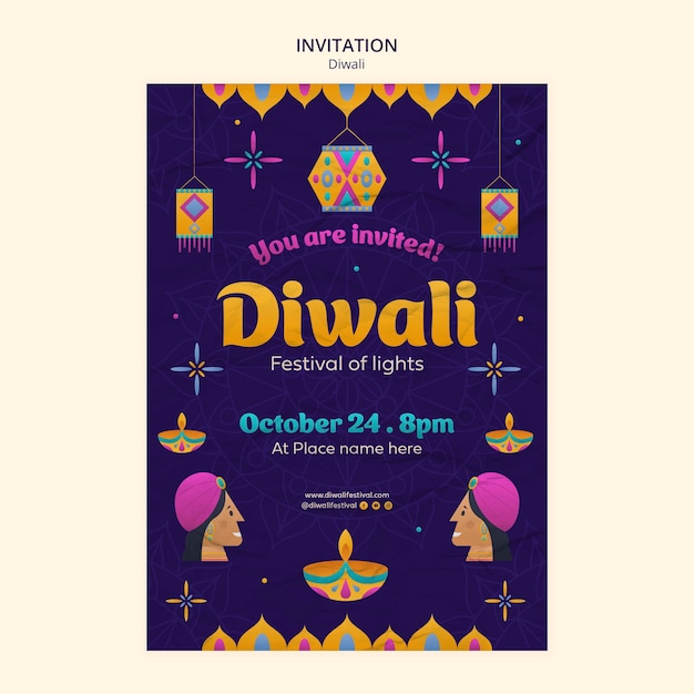 Gratis PSD diwali-uitnodigingssjabloon met plat ontwerp