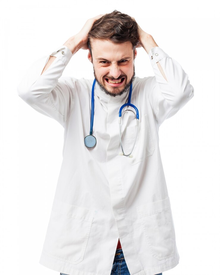 PSD gratuito doctor con sus manos en su cabeza