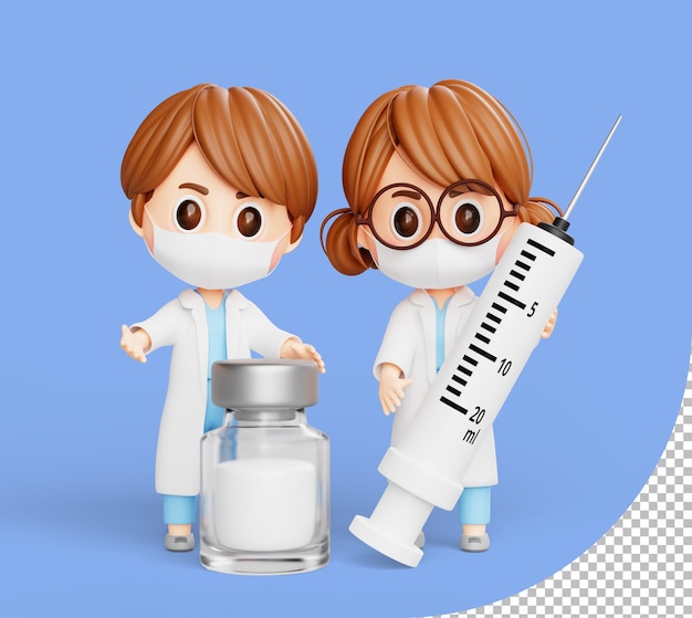 PSD gratuito doctora y doctor masculino de pie con jeringas y botellas de vacunas personaje de dibujos animados de ilustración 3d