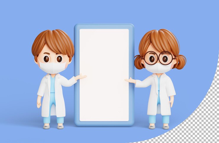 PSD gratuito doctora y doctor masculino de pie con personaje de dibujos animados de ilustración 3d de teléfono inteligente