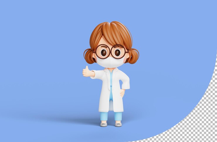 PSD Gratis dokter wanita menunjukkan jempol ke atas, ilustrasi 3d karakter kartun