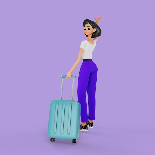 donna 3d che posa con il bagaglio