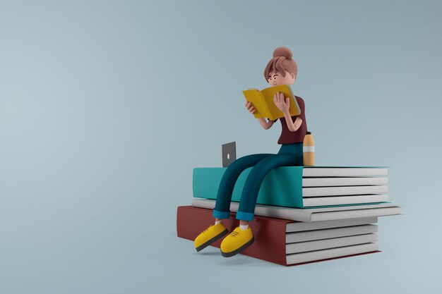 Donna che legge un libro mentre è seduto su un libro su sfondo isolato 3d illustrazione Personaggi dei cartoni animati