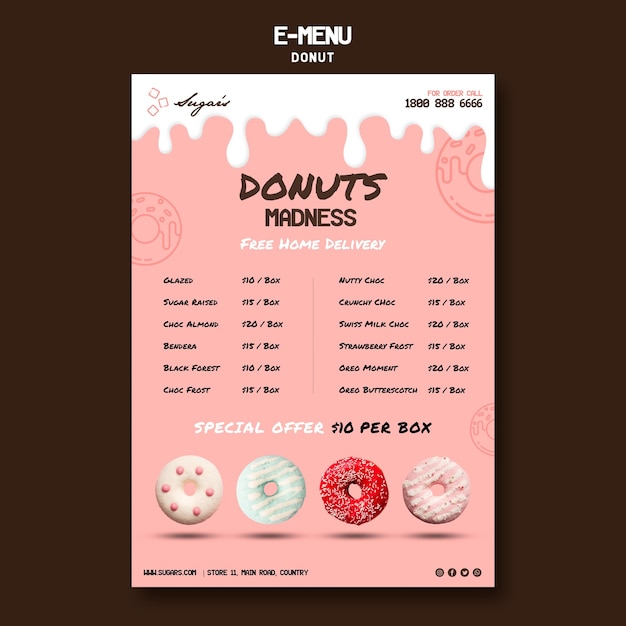 Gratis PSD donuts waanzin e-menu websjabloon