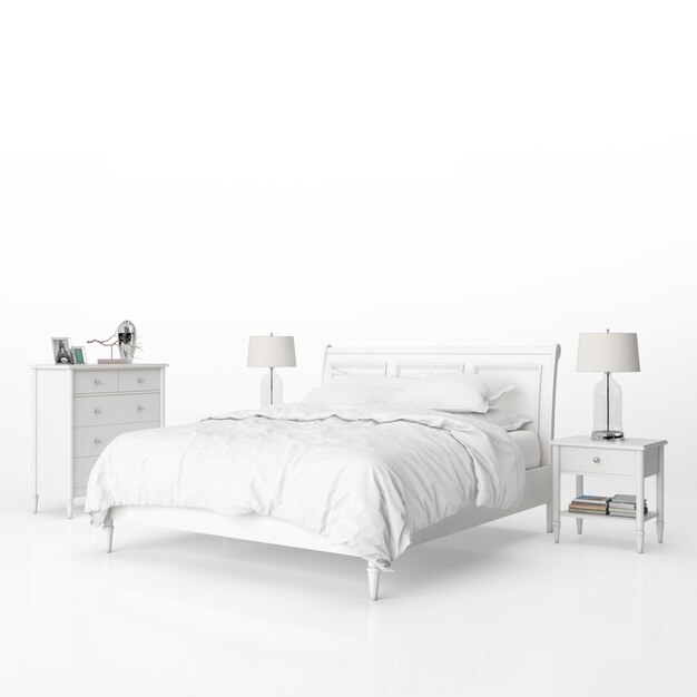 Dormitorio con maqueta de muebles blancos