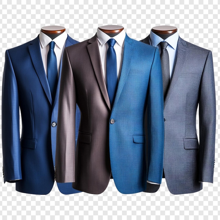 Gratis PSD drie elegante mannenpakken in verschillende kleuren perfect voor zaken of formele evenementen hoogwaardige stoffen en kleermakerij