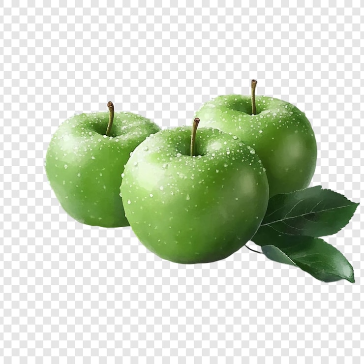 Gratis PSD drie groene appels met waterdruppels en bladeren