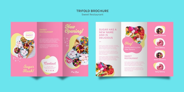 Gratis PSD driebladige brochure in roze tinten voor snoepwinkel