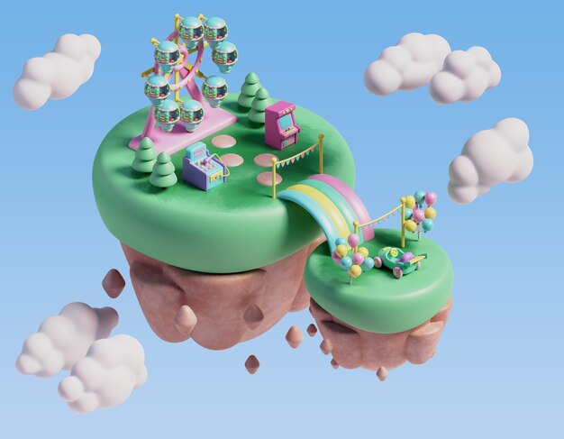 Driedimensionale illustratie voor pretparkscène met drijvend landschap