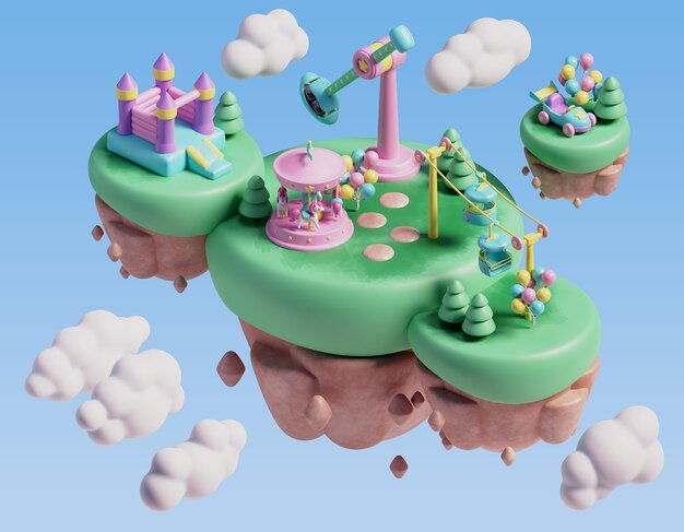 Driedimensionale illustratie voor pretparkscène met drijvend landschap