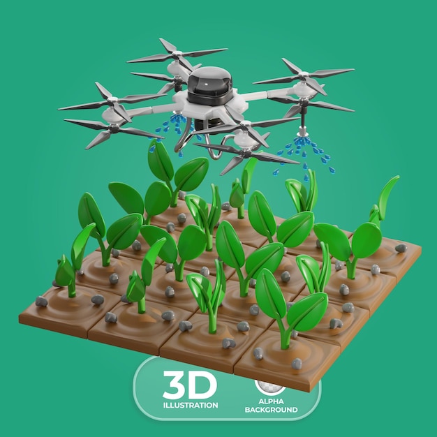 Drone de pulverización autónomo para campos Ilustración 3D