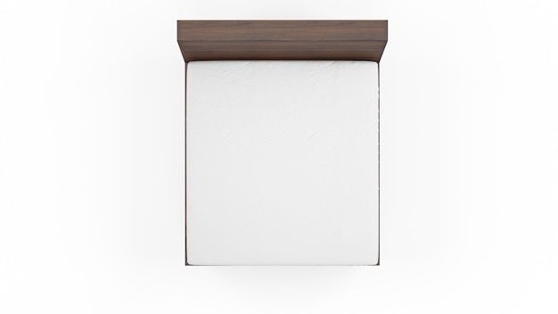 Gratis PSD dubbel bed met houten frame en witte matras, geïsoleerd, bovenaanzicht