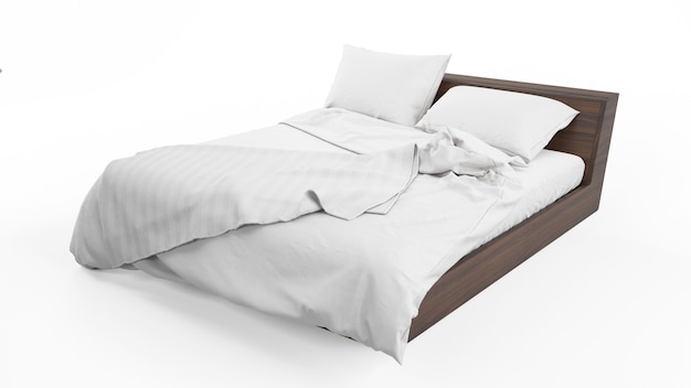 Gratis PSD dubbel bed met witte sprei en geïsoleerd dekbed