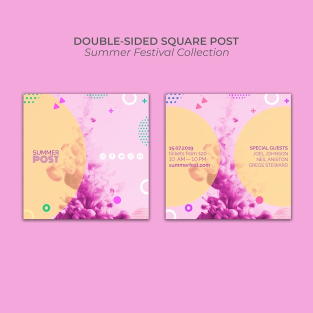 Dubbelzijdig vierkant berichtsjabloon voor zomerfestival
