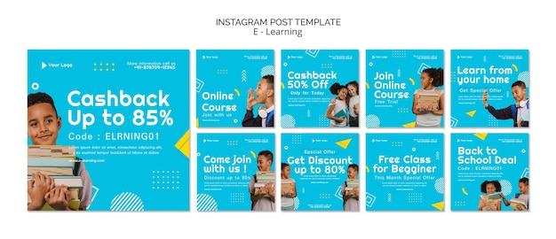 E-learning en online lessen instagram posts collectie