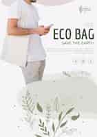 PSD gratuito eco bag reciclar para el medio ambiente y el hombre mirando su teléfono