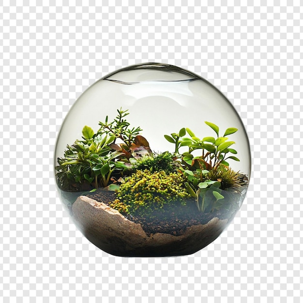 Ecosistema de jardín en miniatura encerrado en una esfera de vidrio