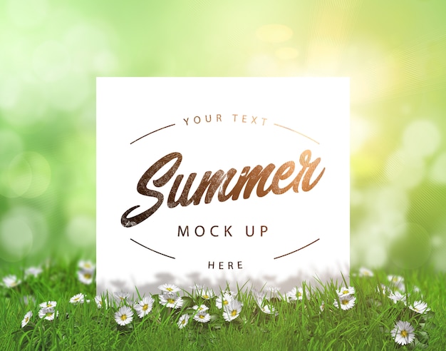 Editable verano maqueta con tarjeta en blanco ubicado en la hierba con margaritas