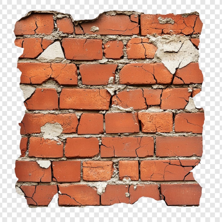Gratis PSD een gedeelte van een afbrokkelende rode bakstenen muur die ouderdom en verval toont de bakstenen zijn verweerd en gebarsten met vlekken van ontbrekend mortel die een gestructureerd oppervlak onthullen