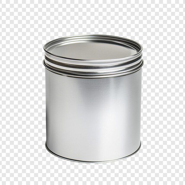 Een gesloten zilveren metalen blikcontainer op een doorzichtige achtergrond