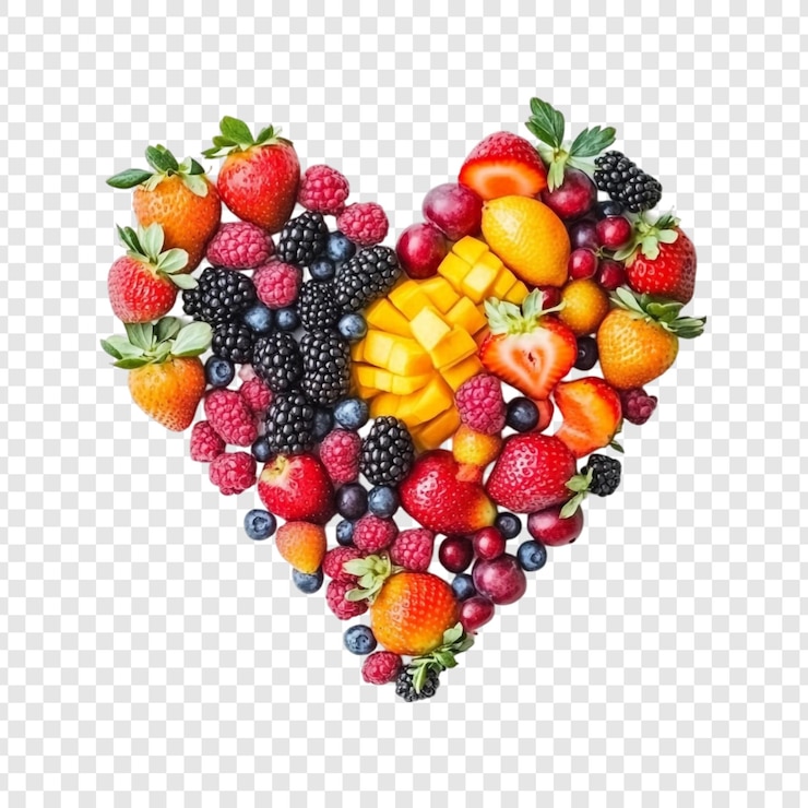 Gratis PSD een hartvormige combinatie van verse, levendige vruchten, waaronder aardbeien, frambozen, bosbessen, zwarte bessen, mango's en kersen.