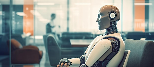 Gratis PSD een robot die in een modern kantoor wacht op een sollicitatiegesprek generatieve ai