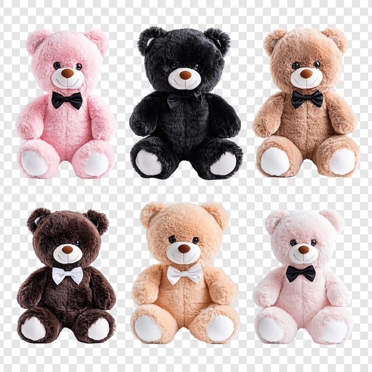 Gratis PSD een schattige collectie van zes pluche teddyberen met strikken.