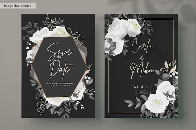 Gratis PSD eenvoudige en elegante zwart-witte bloemenhuwelijksuitnodigingskaart