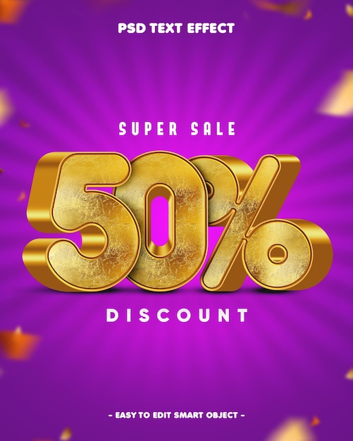 Efecto de texto editable con un descuento del 50 por ciento