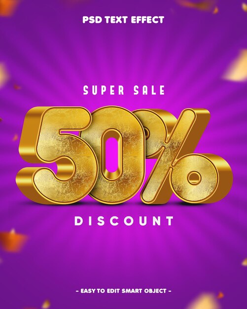 Efecto de texto editable con un descuento del 50 por ciento