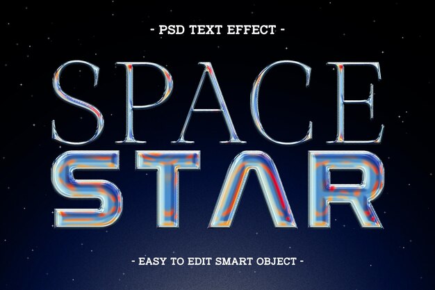 Efecto de texto metálico cromado de estrellas espaciales coloridas