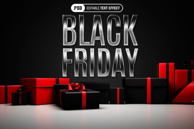 PSD gratuito efecto de texto plateado en la escena de la pared con cajas de regalo para el black friday