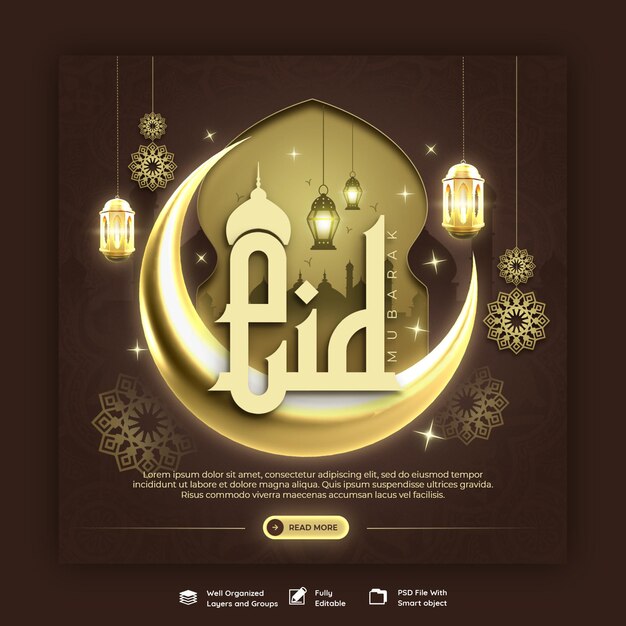 Eid Mubarak e eid ul fitr banner sui social media o modello di post di Instagram